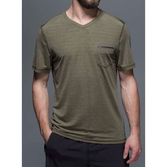 Lululemon Up Front Short Sleeve V-neck Heathered Fatigue Green/Black - Picture 1 of 9